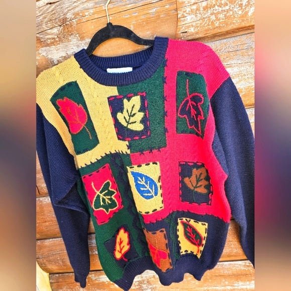 Vintage Alfred Dunner Blue Red Green Patchwork Longsleeve Fall Sweater Leaves - Picture 6 of 10